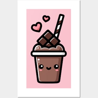 Kawaii Dark Chocolate Milkshake with Hearts | Cute Kawaii Food Art Posters and Art